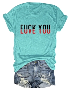 Flat lay of cyan Love You print cotton T-shirt with distressed denim shorts