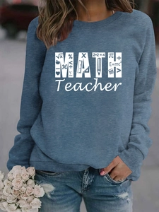 Detailed view of grey-blue math teacher sweatshirt with white formulas and icons