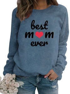 Detail showing Best Mom Ever text on grey-blue crewneck sweatshirt with heart motif