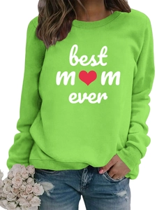 Detail of Best Mom Ever print on light green long sleeve crewneck sweatshirt for women