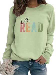 Close-up of Let's READ print on light green casual sweatshirt with ribbed crew neck