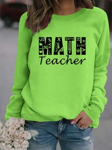 Detail of neon green math teacher sweatshirt with formula print and ribbed crew neck
