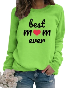 Detail of Best Mom Ever print on green crewneck sweatshirt with ribbed cuffs