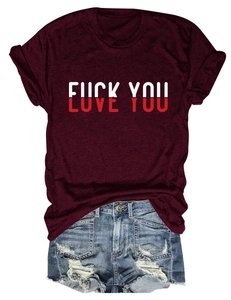 Detail of burgundy Love You print cotton T-shirt with rolled sleeves and round neck