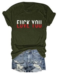 Flat lay of dark green crew neck T-shirt with love you print and ripped denim shorts