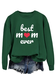 Detail of dark green crewneck sweatshirt with white Best Mom Ever print and red heart