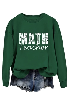 Detail of dark green math teacher sweatshirt featuring white math symbols and formula print