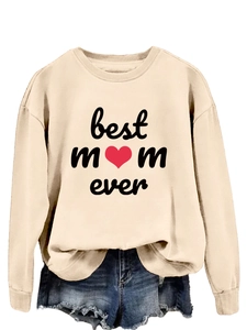Detail of Best Mom Ever print and red heart on cream crewneck sweatshirt