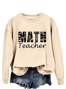 Detail of apricot Math Teacher sweatshirt showing high-quality print and cotton fabric texture