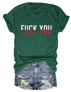 Detail view of dark green T-shirt with LOVE YOU print and frayed denim shorts set