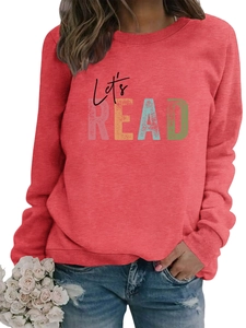 Detail of red crewneck sweatshirt with vintage Let's READ colorful letter printing
