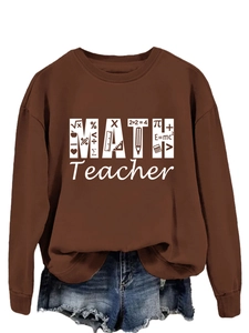 Detail of brown cotton math teacher sweatshirt with creative formula and ruler print