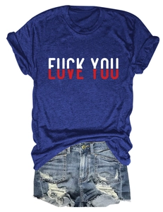 Flat lay of blue cotton T-shirt with LOVE YOU print and distressed denim shorts
