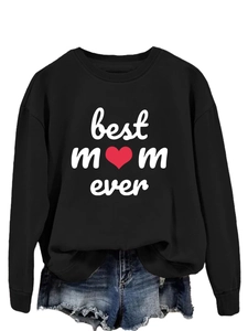 Detailed view of Best Mom Ever print on black long-sleeve sweatshirt with red heart icon