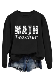 Detail of creative Math Teacher print on a black crewneck sweatshirt with academic symbols
