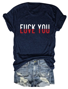 Detail of navy cotton T-shirt with bold red and white LOVE YOU slogan print and denim shorts