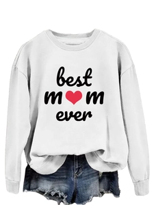 Detail of Best Mom Ever print on a white long sleeve sweatshirt with a red heart icon