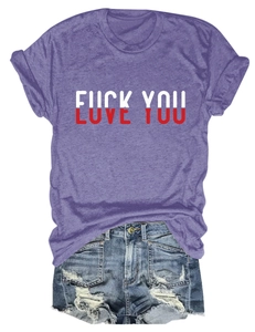 Flat lay of purple cotton T-shirt with Love You print and distressed denim shorts