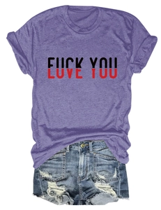 Detail of purple cotton T-shirt with love you print paired with frayed denim shorts