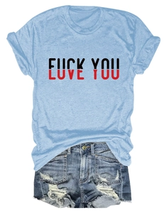 Detail of light blue cotton T-shirt featuring creative LOVE YOU letter print on chest