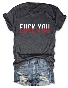 Detail of grey heather t-shirt with Love You print and ripped denim shorts set