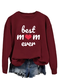 Detail of Best Mom Ever print on burgundy crewneck sweatshirt with ribbed cuffs