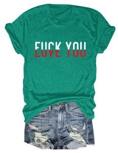 Detail view of emerald green T-shirt with 'Love You' print and frayed denim shorts