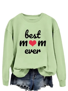 Detail of Best Mom Ever print and red heart on mint green crewneck sweatshirt