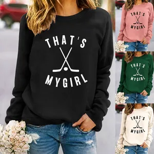 Sweat-Shirt À Col Rond Femme Mélange Coton Manches Longues Imprimé Lettres Graphique Hockey Décontracté Sportif Ample Pullover