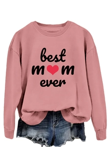 Detail of Best Mom Ever sweatshirt in pink with heart print and ribbed neckline