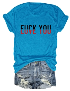 Detail of blue cotton T-shirt with creative typography print and frayed denim shorts