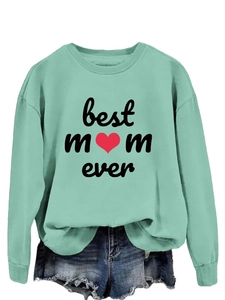 Detail of Best Mom Ever print on mint green sweatshirt with ribbed crew neck