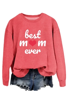 Close-up of Best Mom Ever script print on coral pink cotton blend long sleeve sweatshirt