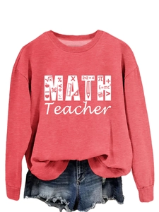 Detail of coral pink crewneck sweatshirt with creative Math Teacher graphic and symbols