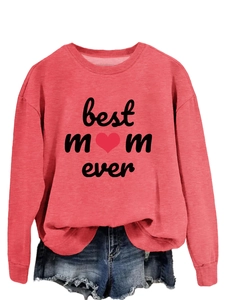 Detail shot of the best mom ever lettering and heart print on a red crewneck sweatshirt