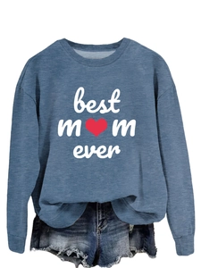 Detail of Best Mom Ever navy sweatshirt with white script and red heart icon