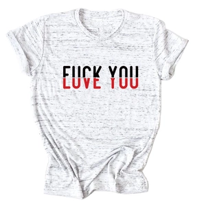 Detail of grey cotton blend t-shirt featuring artistic Love You and Fuck You print