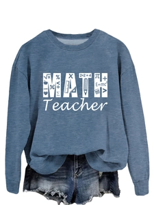 Detail of the navy math teacher sweatshirt showing fabric texture and education motifs