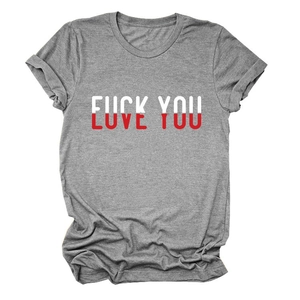 Detail of grey short sleeve T-shirt with LOVE YOU and FUCK YOU print design