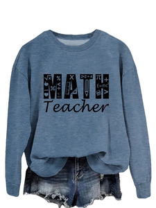 Detail of blue math teacher sweatshirt featuring round neck and comfortable knit fabric