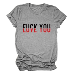 Detail of grey cotton T-shirt featuring bold black and red Love You slogan print