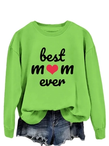 Detail of the Best Mom Ever print on a bright green sweatshirt with a red heart icon