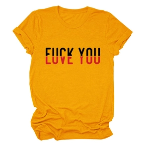 Flat lay of mustard yellow cotton T-shirt with LOVE YOU creative graphic print