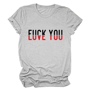 Detail of grey short sleeve T-shirt featuring creative Fuck You and Love You split print