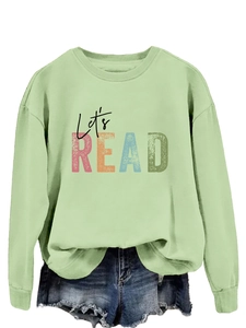 Detail of Let's Read colorful print on light green long sleeve cotton sweatshirt