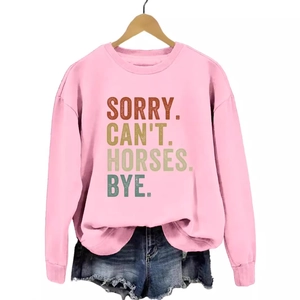 Sweat-shirt rose à col rond et manches longues avec imprimé rétro SORRY CAN'T HORSES