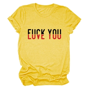Detail of yellow cotton T-shirt featuring bold Love You and Fuck You text print