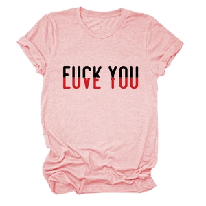 Detailed view of pink t-shirt texture and Love You/Fuck You graphic print