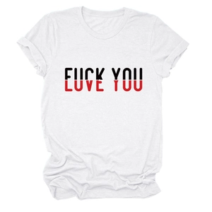 Close-up of Love You and Fuck You text print on white cotton crewneck t-shirt