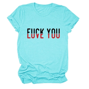 Detail of light blue crewneck T-shirt with 'LOVE YOU' graphic print and soft cotton texture